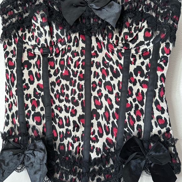 Tops - Leopard Print Corset with Black Lace and Bows